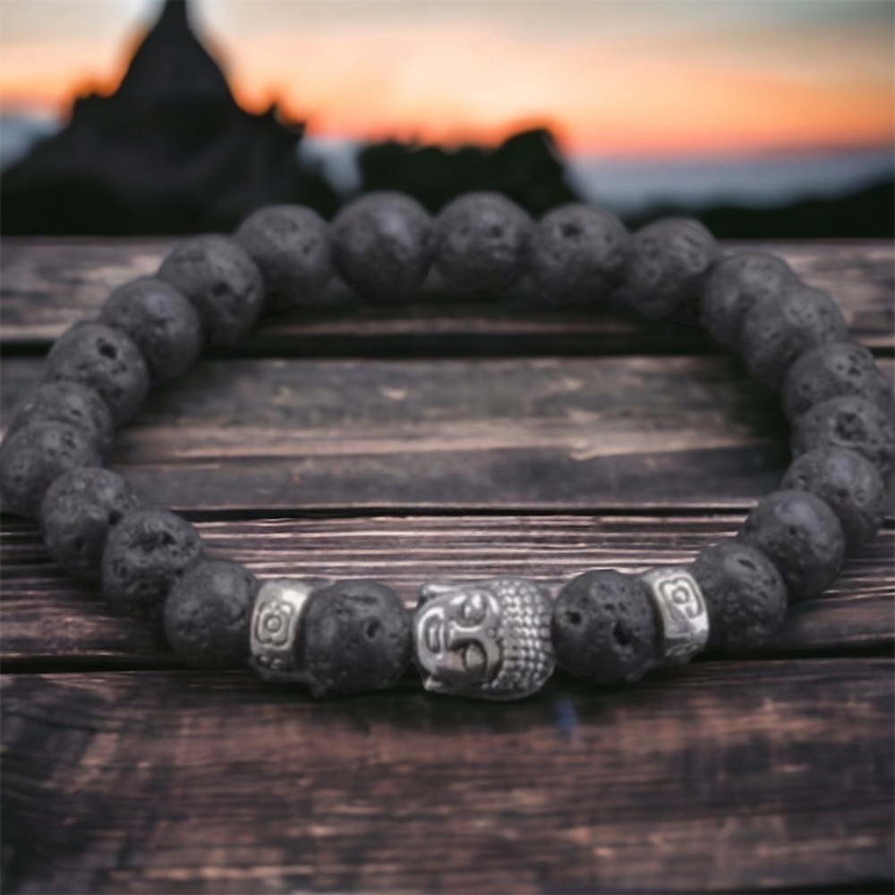 LAST ONE Buddha Bracelet Black Lava Beads Tibetan Silver Calming Healing Energy - Picture 2 of 3